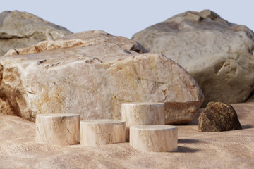 3d rendering with four podiums. stand for cosmetic products. Stage showcase. Sun protection products related