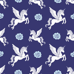 White winged unicorns and blue roses.
