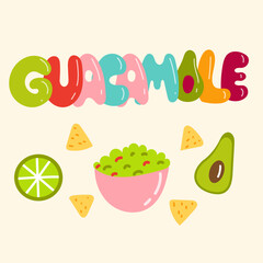 Flat vector illustration for guacamole dip. A bowl with guacamole in it surrounded by avocado, lime and nacho chips. 