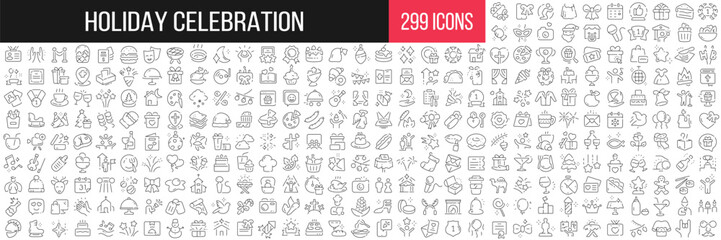 Holiday celebration linear icons collection. Big set of 299 thin line icons in black. Vector illustration