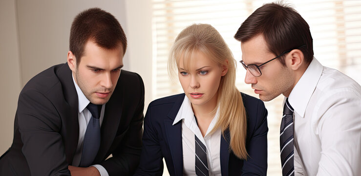 Image of three business people working at a meeting. Productivity, efficiency, effectiveness, goal-oriented. 
