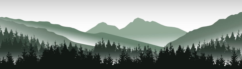 Adventure outdoor camping  hiking wildlife background - Green silhouette of misty fog mountains peak rock and forest woods fir spruce trees, realistic landscape panorama illustration icon vector