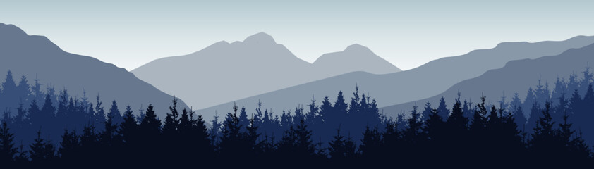 Adventure outdoor camping  hiking climbing wildlife background - Green silhouette of fog mountains peak rock and forest woods fir spruce trees, realistic landscape panorama illustration icon vector.