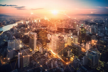 Aerial view of cityscape concept of advanced innovation. Sunset or sunrise landscape of Business District, financial technology. Generative AI - obrazy, fototapety, plakaty