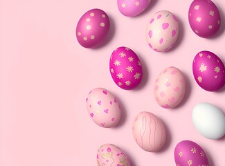Fototapeta na wymiar Top view of Easter eggs board in pink colors on pink background. Space for text. Happy Easter 