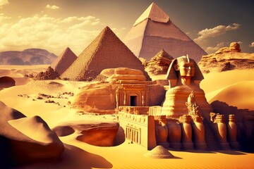 sandy desert with historical monuments and egyptian pyramids of pharaoh, created with generative ai - obrazy, fototapety, plakaty