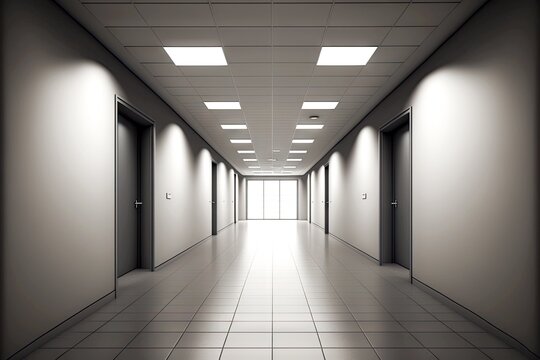 interior of empty office corridor with rectangular ceiling recessed lamps, tiled floor tiles and small windows, created with generative ai