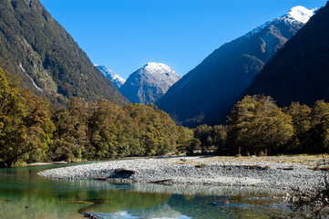 View of the Clinton river along the Milford track, New Zealand South Island .Milford Track is known as the most beautiful walk in the world.