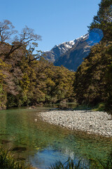 View of the Clinton river along the Milford track,, fiordland national park south island New Zealand.