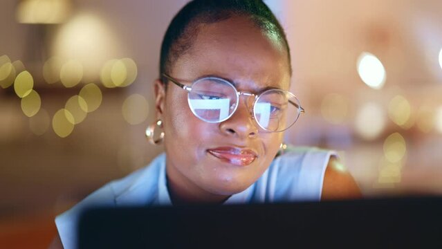 Business, night and confused black woman on computer working on online project, report or research. Question, thinking and puzzled female worker with focus, concentration and reading screen in office