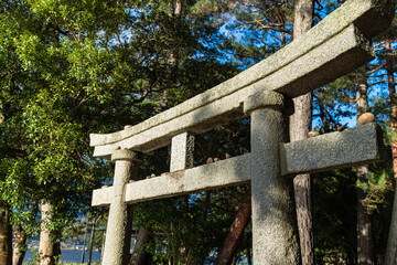 日本　京都府宮津市の丹後天橋立大江山国定公園にある天橋立神社の第一鳥居