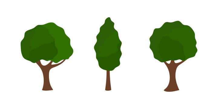 Set of green trees isolated on white background. Cartoon flat style illustration of tree collection. Vector illustration