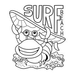 Illustration in black and white of a funny red crab carrying a surfboard ready to surf, coloring page