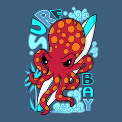Illustration of a funny red octopus holding a surfboard ready to surf, surrounded by waves, a palm tree and hand drawn lettering, design for t-shirt