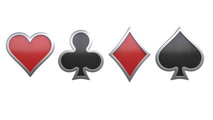 Playing cards symbols - heart, club, diamond and spade icons 3d rendering