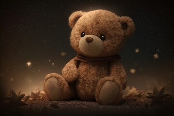 A Brown Teddy Bear on a Night Sky Background, Generative AI