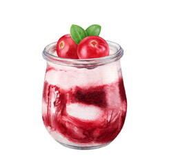 Watercolor illustration of yogurt with cranberry isolated on white background. White chocolate mousse cranberry jam in a glass.