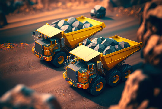 Dump truck for heavy industry mining. Ore or coal mining site with huge yellow vehicles. Industrial transport. Generated AI.
