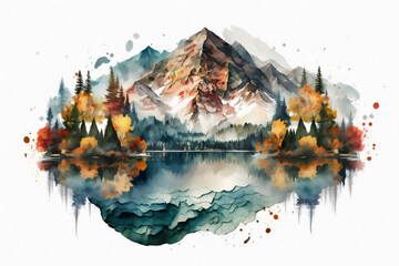 Watercolor landscape of mountains, forest, rivers, lakes to inspire to travel isolated in white background