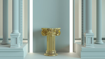 3D render of ancient gold column display podium. Podium for display product
