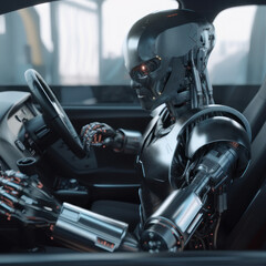 Robot driver driving a car. AI generative.