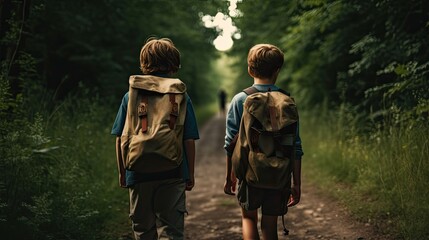 Boys on a forest road with backpacks seen from behind