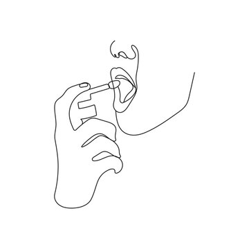 recommend clip art: Womans hand using mouth spray for sore throat infection treatment or fresh breathing. Healthcare and medical concept. Hand drawn vector illustration.