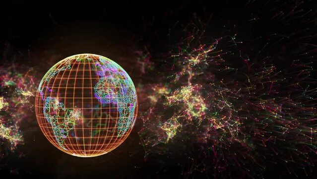Neural network near the earth, which is divided into regions. 3D. Earth background. News background. Hologram.