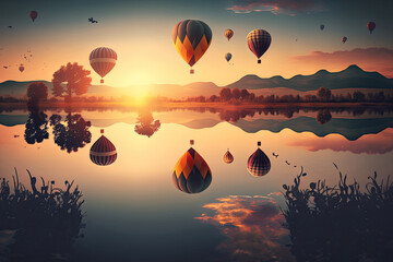 Hot Air Balloons Festival Flying Over a beautiful lake. Generative AI
