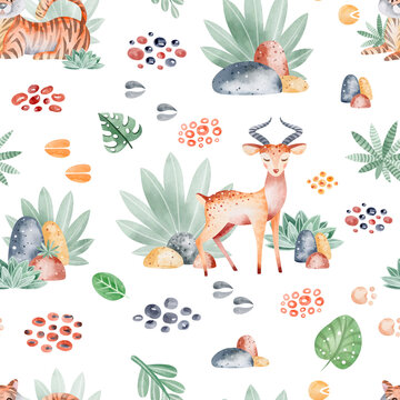 Animals of Africa seamless pattern with tropical leaves. Watercolor seamless pattern. Packaging design, poster, fabrics, digital paper, sublimation.