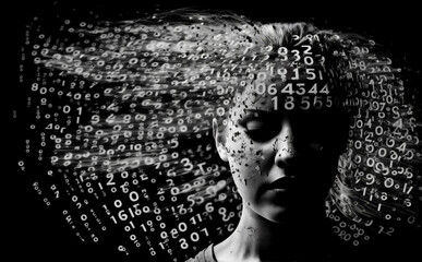 Face of a Genius with Numbers and figures dissolving away. female human. Concept of thinking, stress, being clever and calculating. Illustrative Generative AI. Not a real person. 