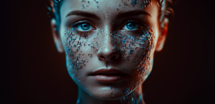 Woman with Futuristic look, Merged with tiny nanites. Concept of human merger with machines and tech.  Illustrative Generative AI. Not a real person.