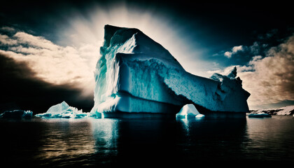 Fototapeta premium Image of Majestic Iceberg Floating in Cold Waters at the Artic with Dramatic Sky . Generative AI