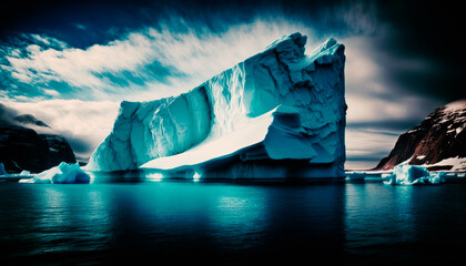 Image of Majestic Iceberg Floating in Cold Waters at the Artic with Dramatic Sky . Generative AI