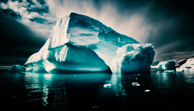 Image of Majestic Iceberg Floating in Cold Waters at the Artic with Dramatic Sky . Generative AI
