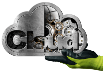 Hand with green and black protective work glove showing a metallic Cloud Computing Symbol with cogs inside and isolated on white or transparent background, png.