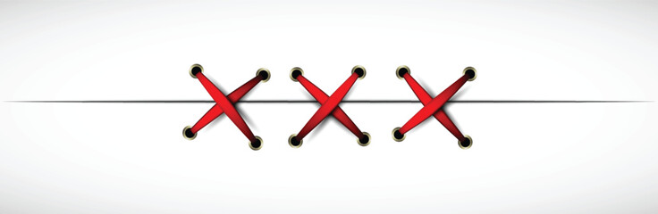 Lacing a red ribbon on a white background. Realistic illustration.