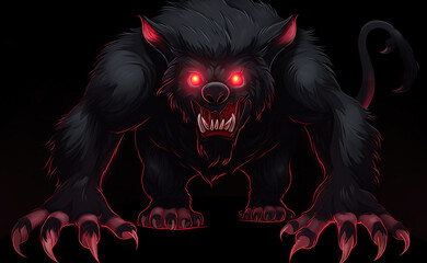monster demon werewolf with red eyes on black background. Generative AI illustration