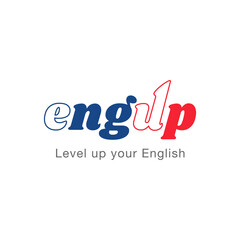 English language school logo design. Concept of Level up your English. U letter with Up arrow symbol. Vector illustration of English language school/lesson/course logo