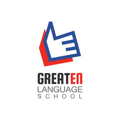 English language school logo design. Concept of Thumbs up hand shape like speech bubble. Vector illustration of English language school/lesson/course logo