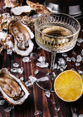 Fresh oyster and wine glass with ice cubes