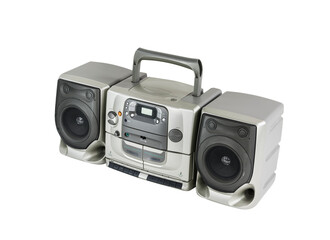 Old stereo boom box portable radio, cd, cassette tape player and recorder machine with cut out...