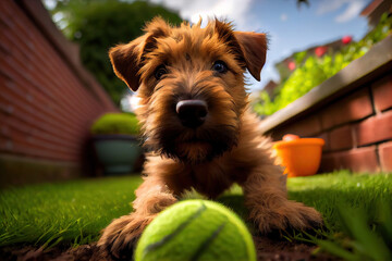 Irish terrier puppy playing outdoors, Generative AI