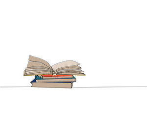 Open books one line colored art. Continuous line color drawing of book, library, education, school, study, literature, paper, textbook, knowledge, read, learn, page reading