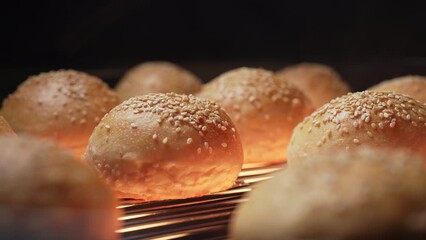 Buns for hamburger with sesame roasted on grille plate. Homemade ketogenic gluten free keto bread for burgers. Cooking bagels in restaurant on grill. Bakery, american cuisine concept