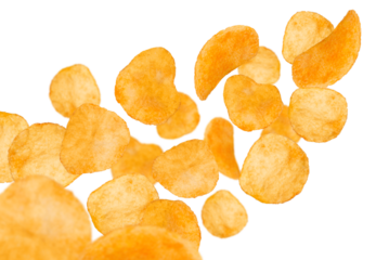 Levitation of potato chips isolated on a transparent background.