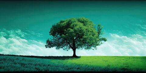 A green field with a tree, and blue sky as the background, Generative AI