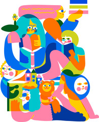 An amazing illustration with mythical creatures that seem to emerge from the fictional, fairy-tale world written by the author and surround the reading people. Perfect for a book festival or market