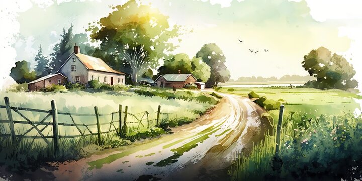 An watercolor illustration depicting a summer countryside, Generative AI
