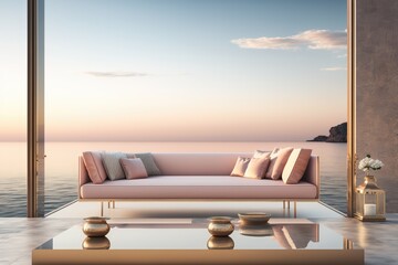 Sofa and minimalistic design livingrrom by the sea, made with generative ai